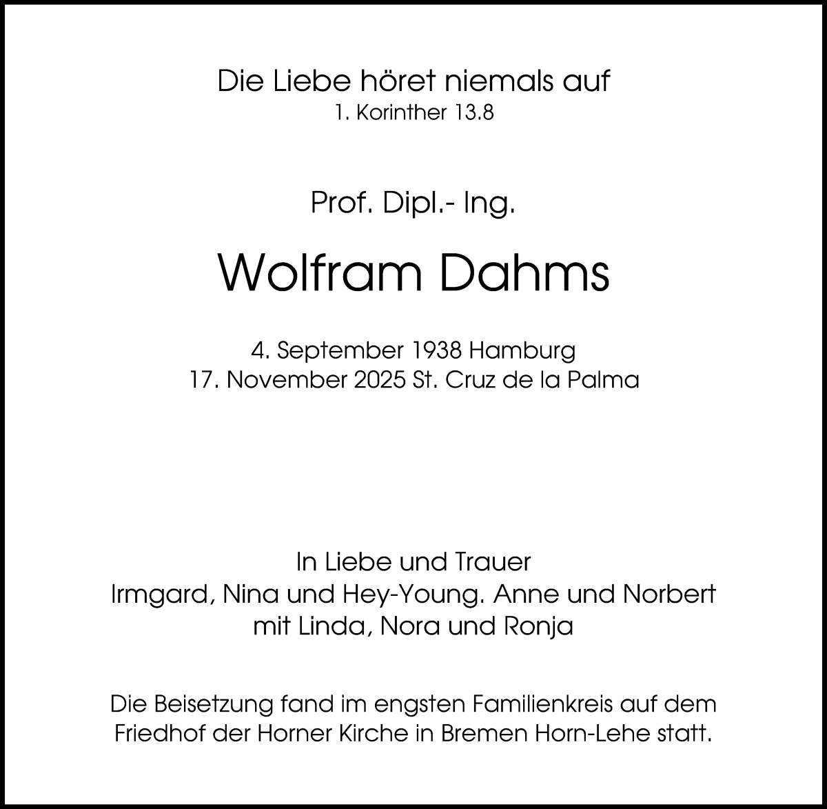 Traueranzeige von Wolfram Dahms von WESER-KURIER