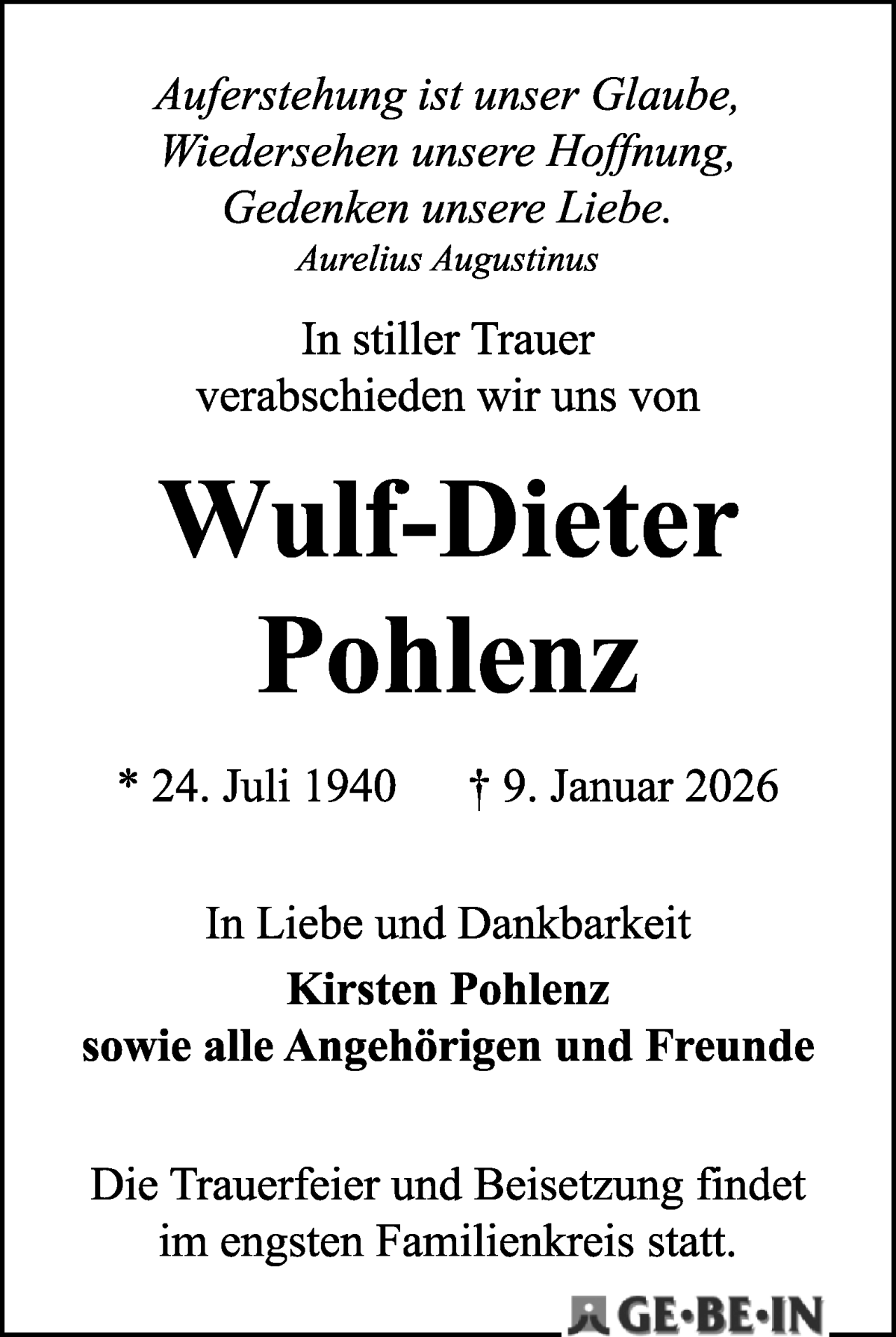 Traueranzeige von Wulf-Dieter Pohlenz von Die Norddeutsche