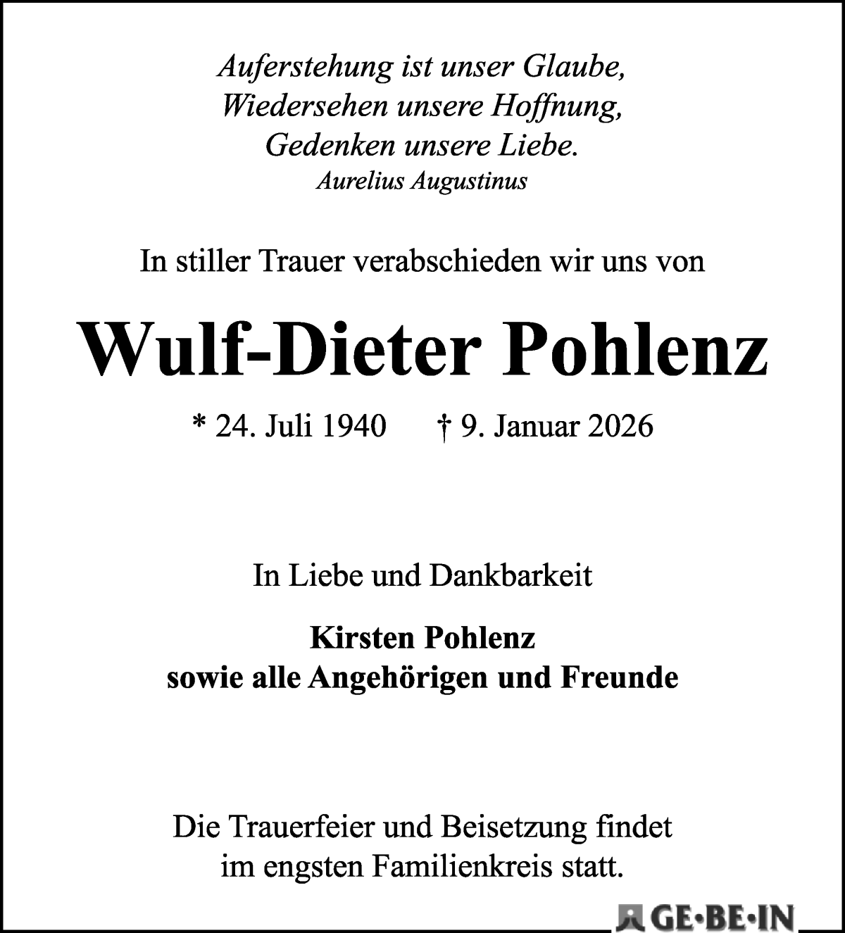 Traueranzeige von Wulf-Dieter Pohlenz von WESER-KURIER