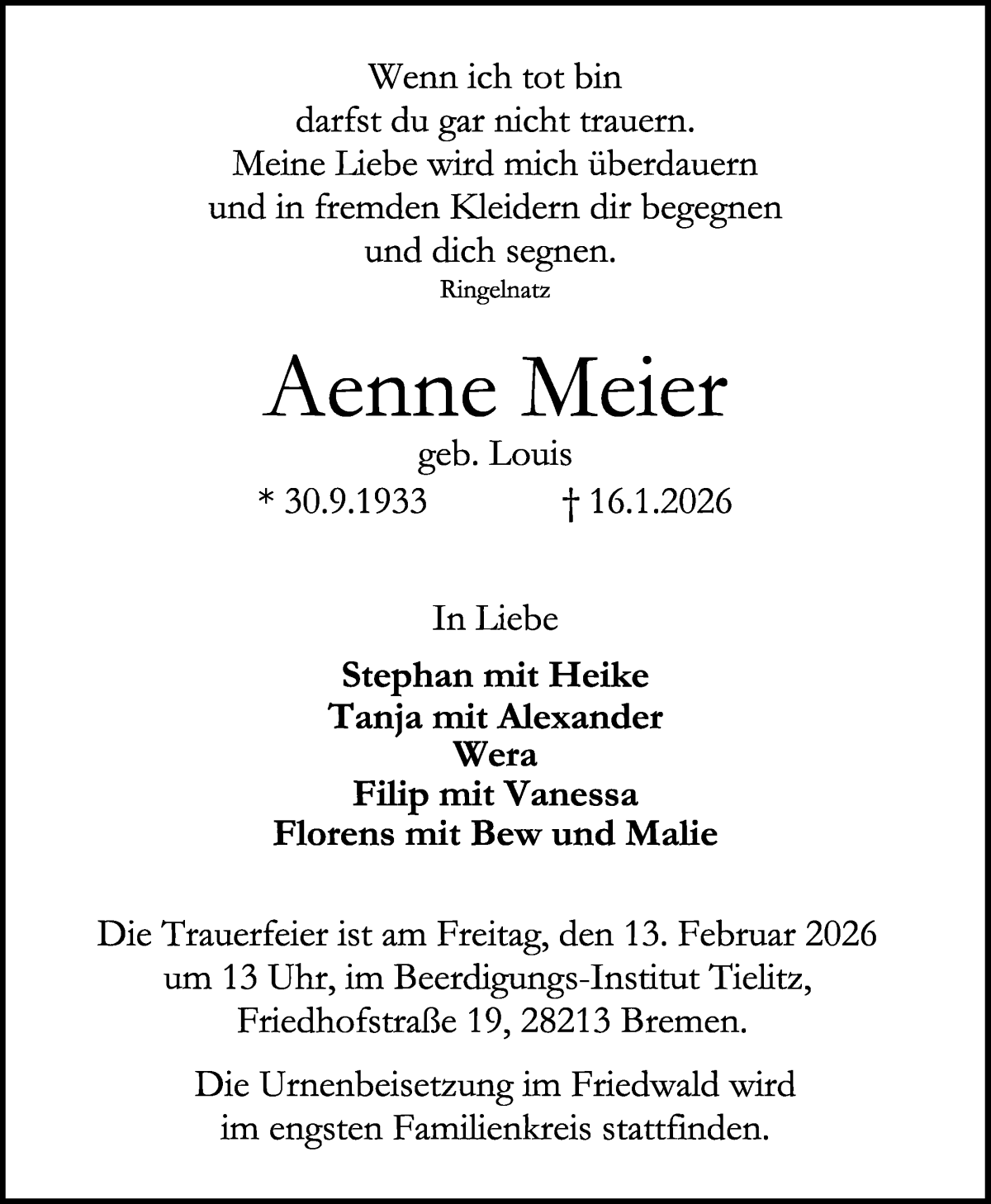 Traueranzeige von Aenne Meier von WESER-KURIER