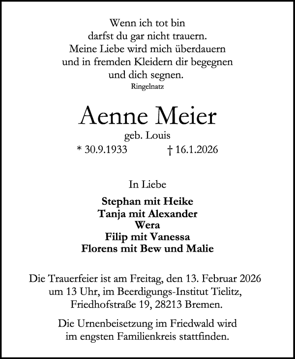 Traueranzeige von Aenne Meier von WESER-KURIER