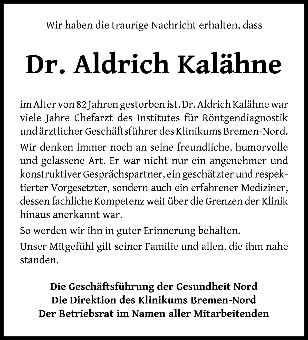 Traueranzeige von Aldrich Kalähne von WESER-KURIER
