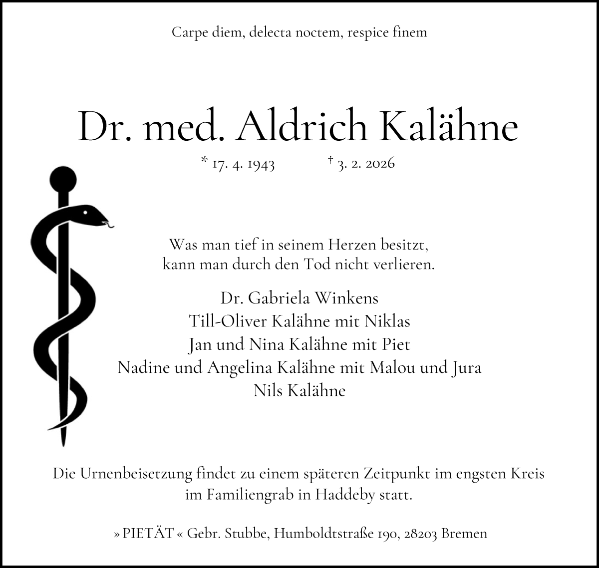 Traueranzeige von Aldrich Kalähne von WESER-KURIER