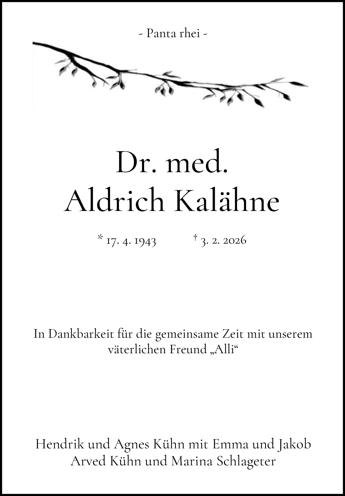 Traueranzeige von Aldrich Kalähne von WESER-KURIER
