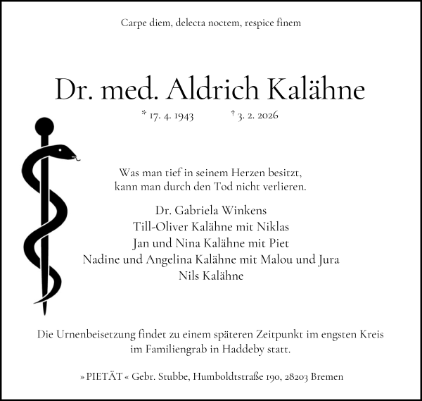 Traueranzeige von Aldrich Kalähne von WESER-KURIER