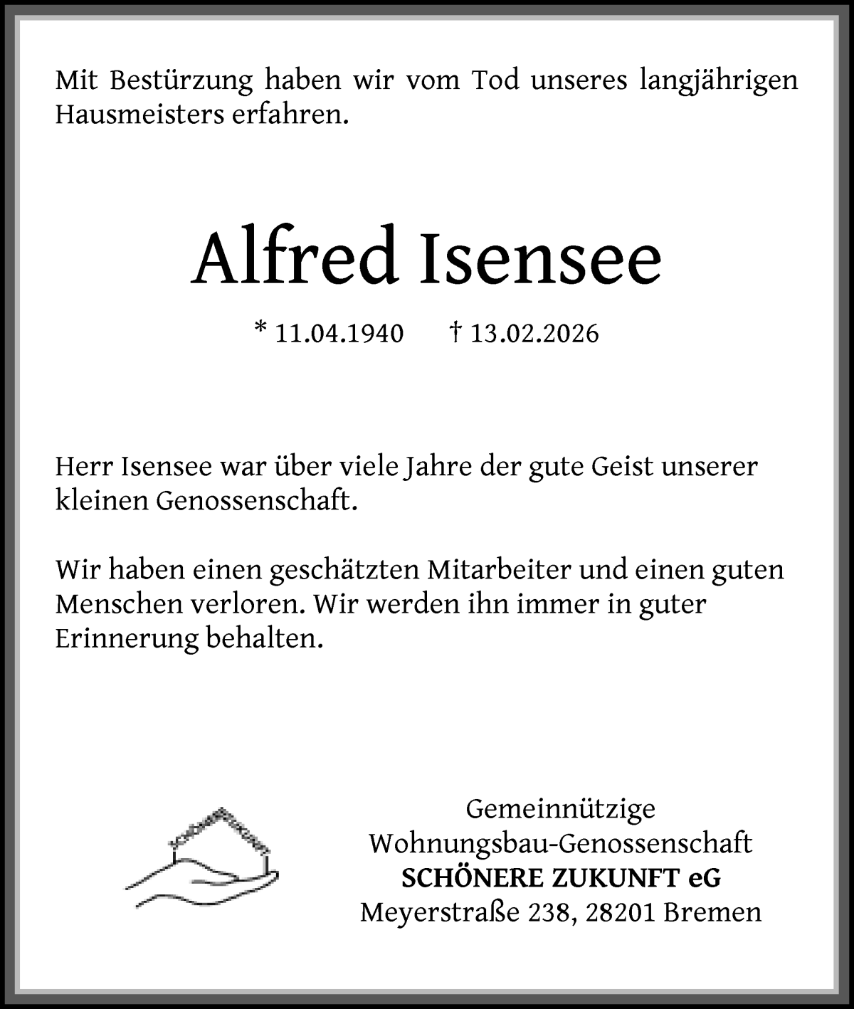 Traueranzeige von Alfred Isensee von WESER-KURIER