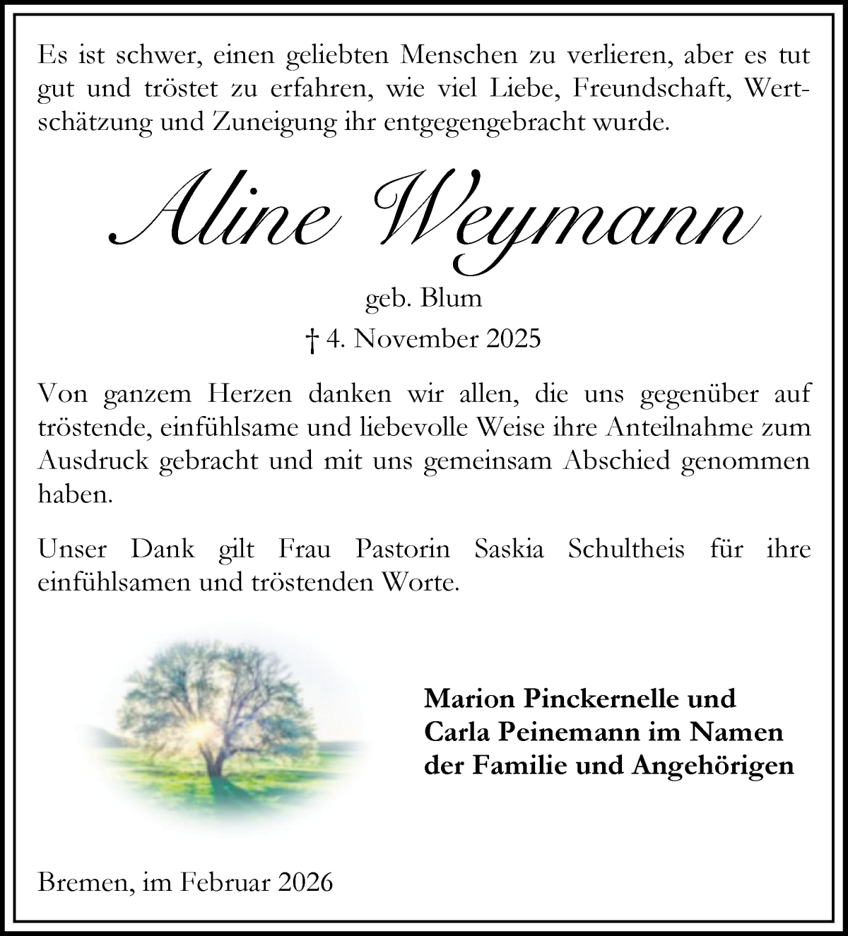 Traueranzeige von Aline Weymann von WESER-KURIER