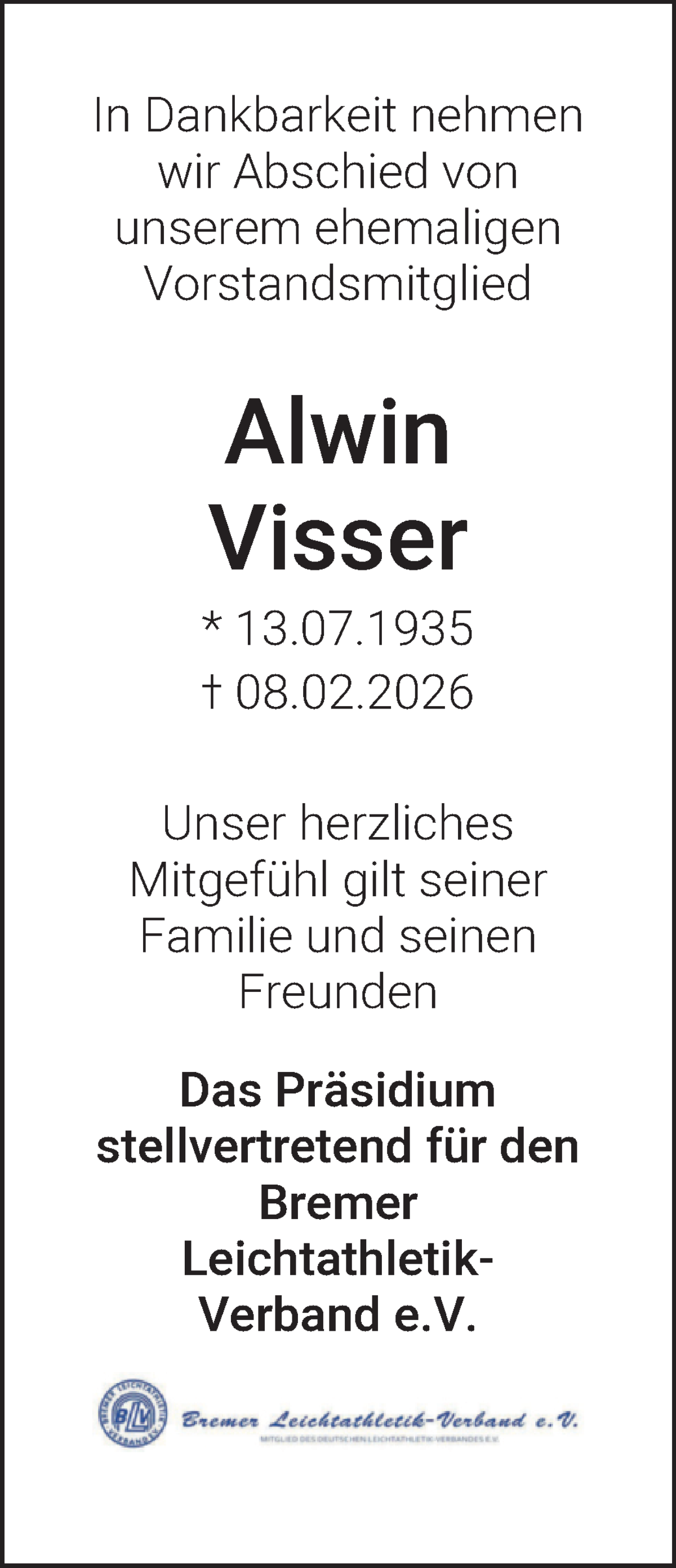 Traueranzeige von Alwin Visser von WESER-KURIER