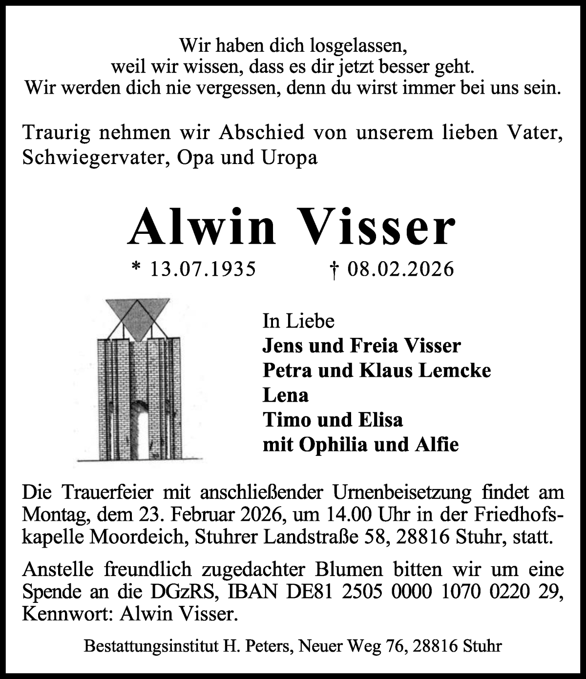 Traueranzeige von Alwin Visser von WESER-KURIER