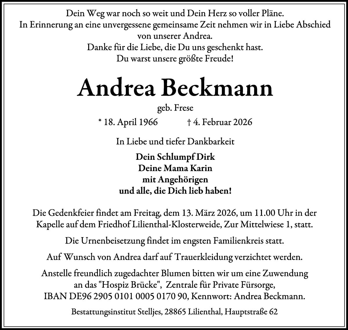 Traueranzeige von Andrea Beckmann von Wuemme Zeitung