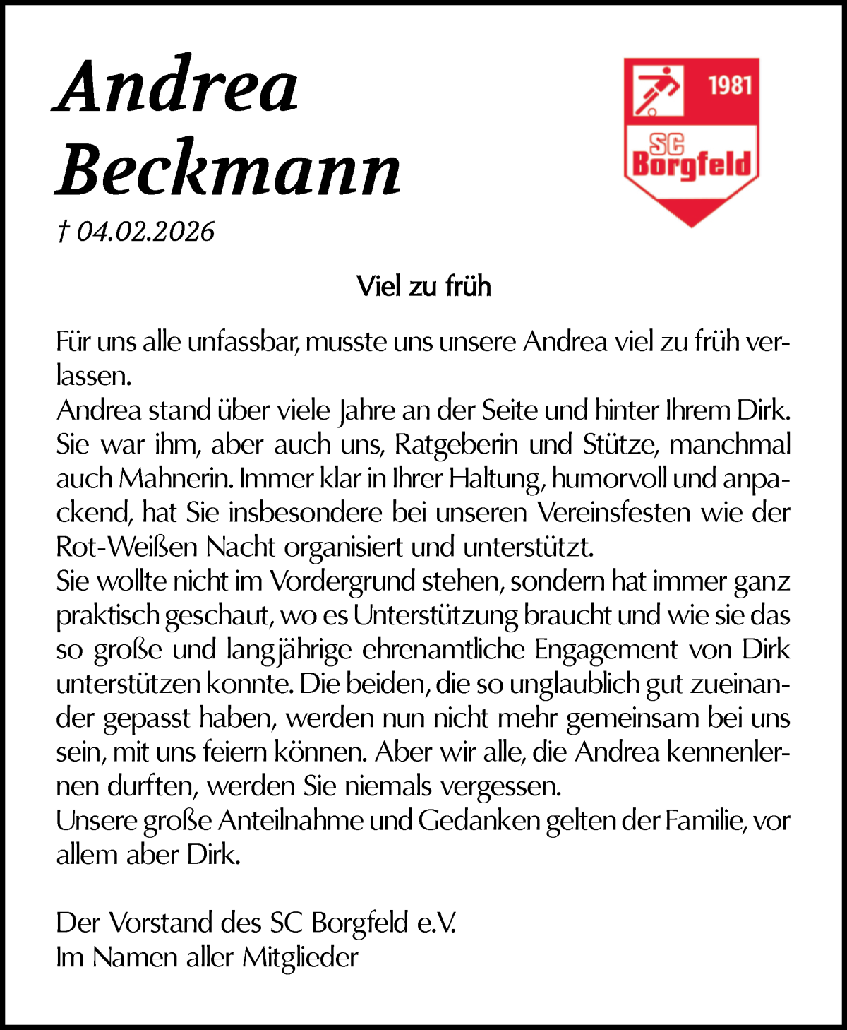 Traueranzeige von Andrea Beckmann von Wuemme Zeitung