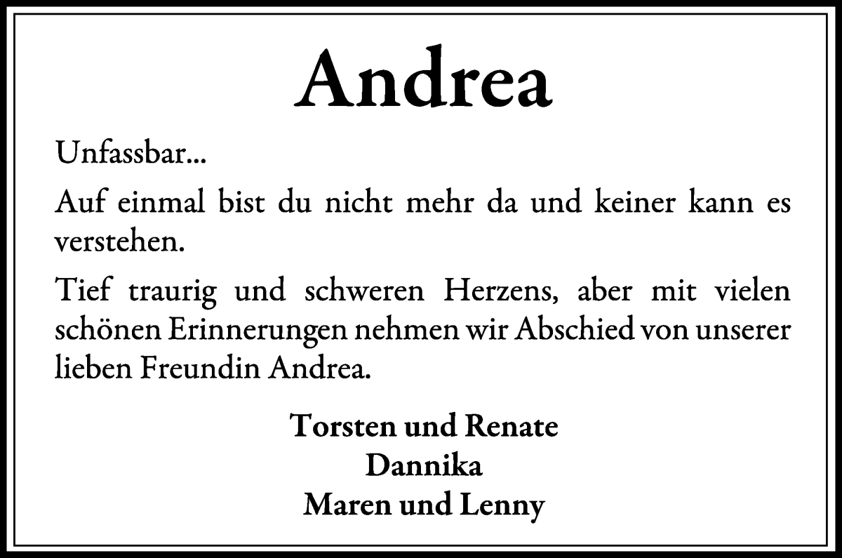 Traueranzeige von Andrea Beckmann von Wuemme Zeitung