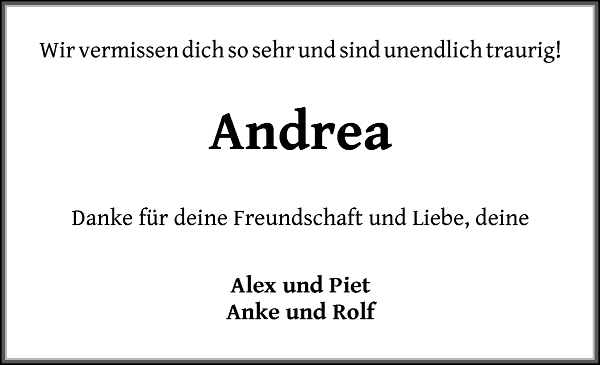 Traueranzeige von Andrea Beckmann von Wuemme Zeitung