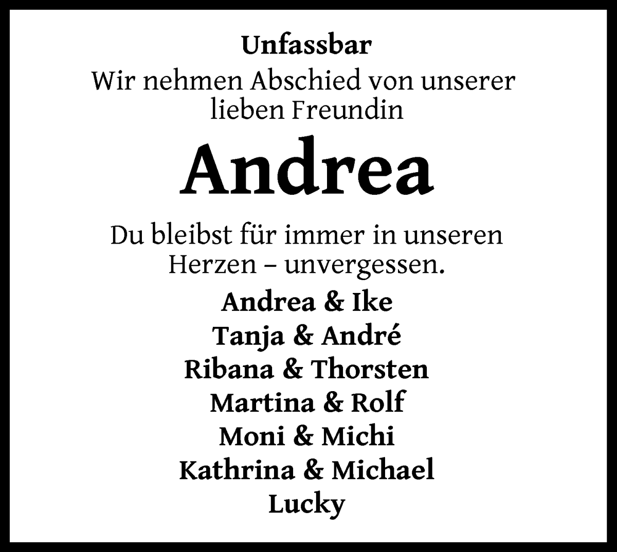 Traueranzeige von Andrea Beckmann von Wuemme Zeitung