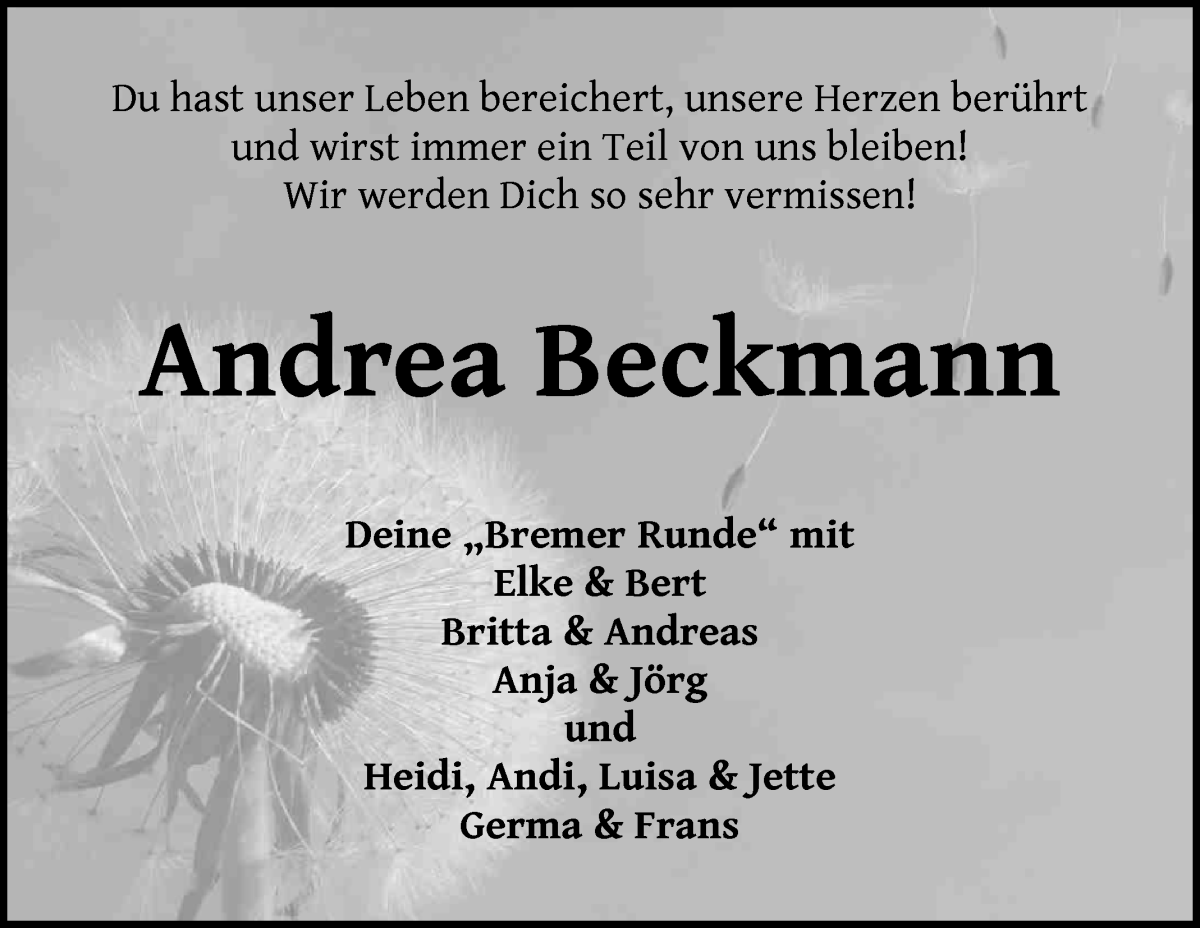 Traueranzeige von Andrea Beckmann von Wuemme Zeitung