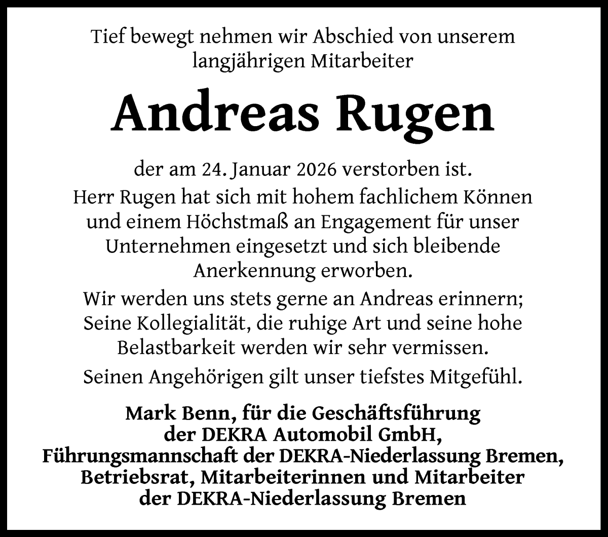 Traueranzeige von Andreas Rugen von WESER-KURIER