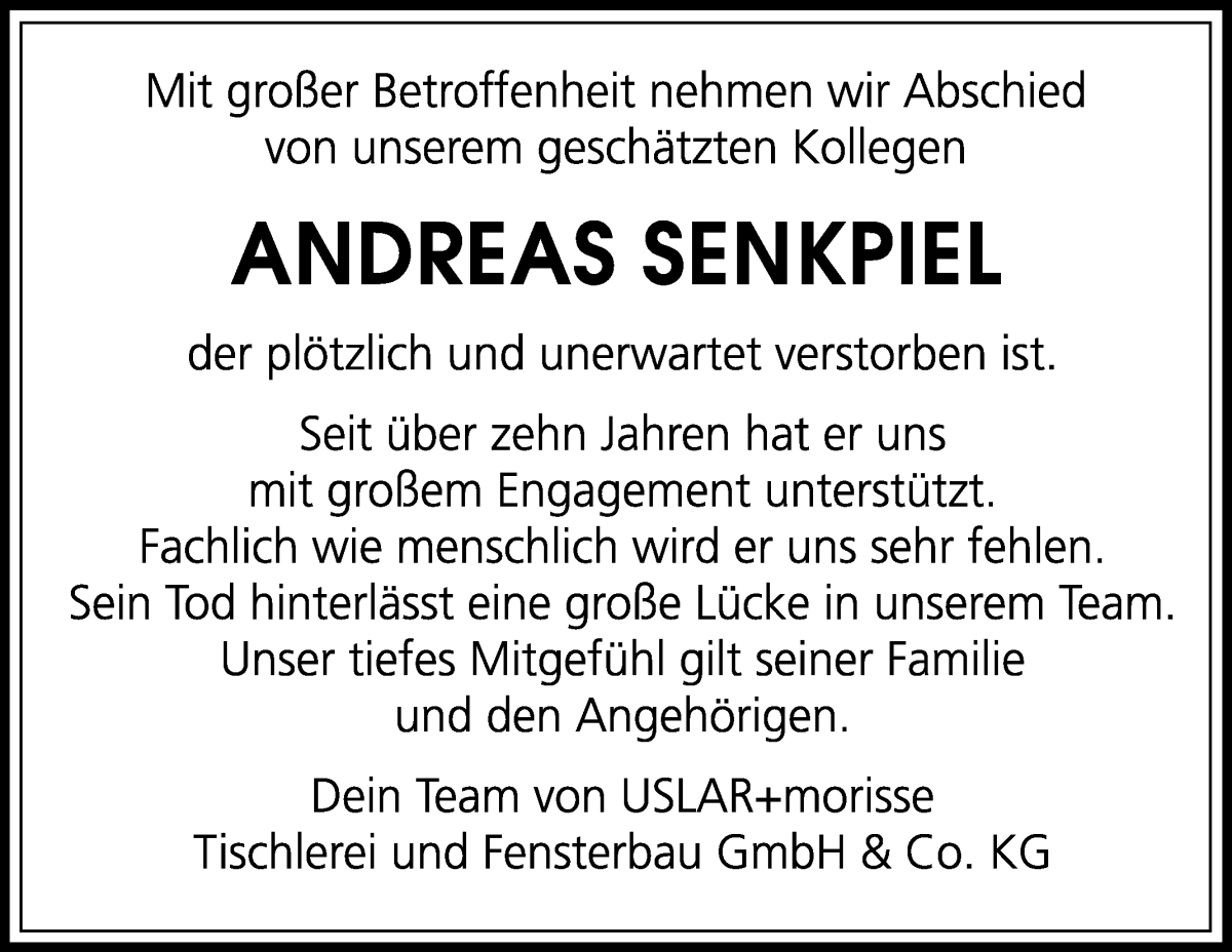 Traueranzeige von Andreas Senkpiel von WESER-KURIER