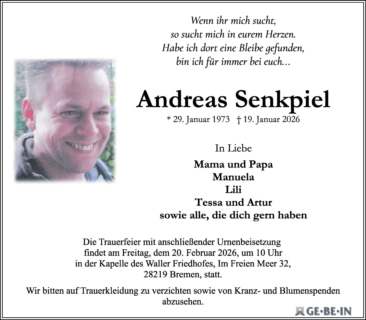 Traueranzeige von Andreas Senkpiel von WESER-KURIER