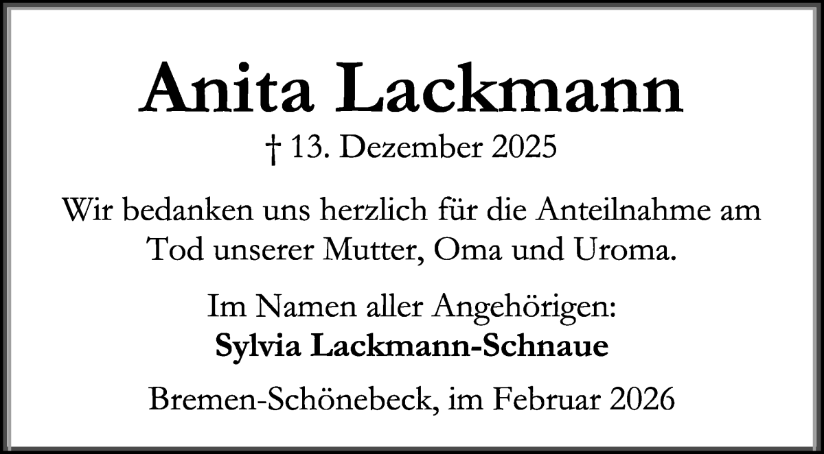 Traueranzeige von Anita Lackmann von WESER-KURIER