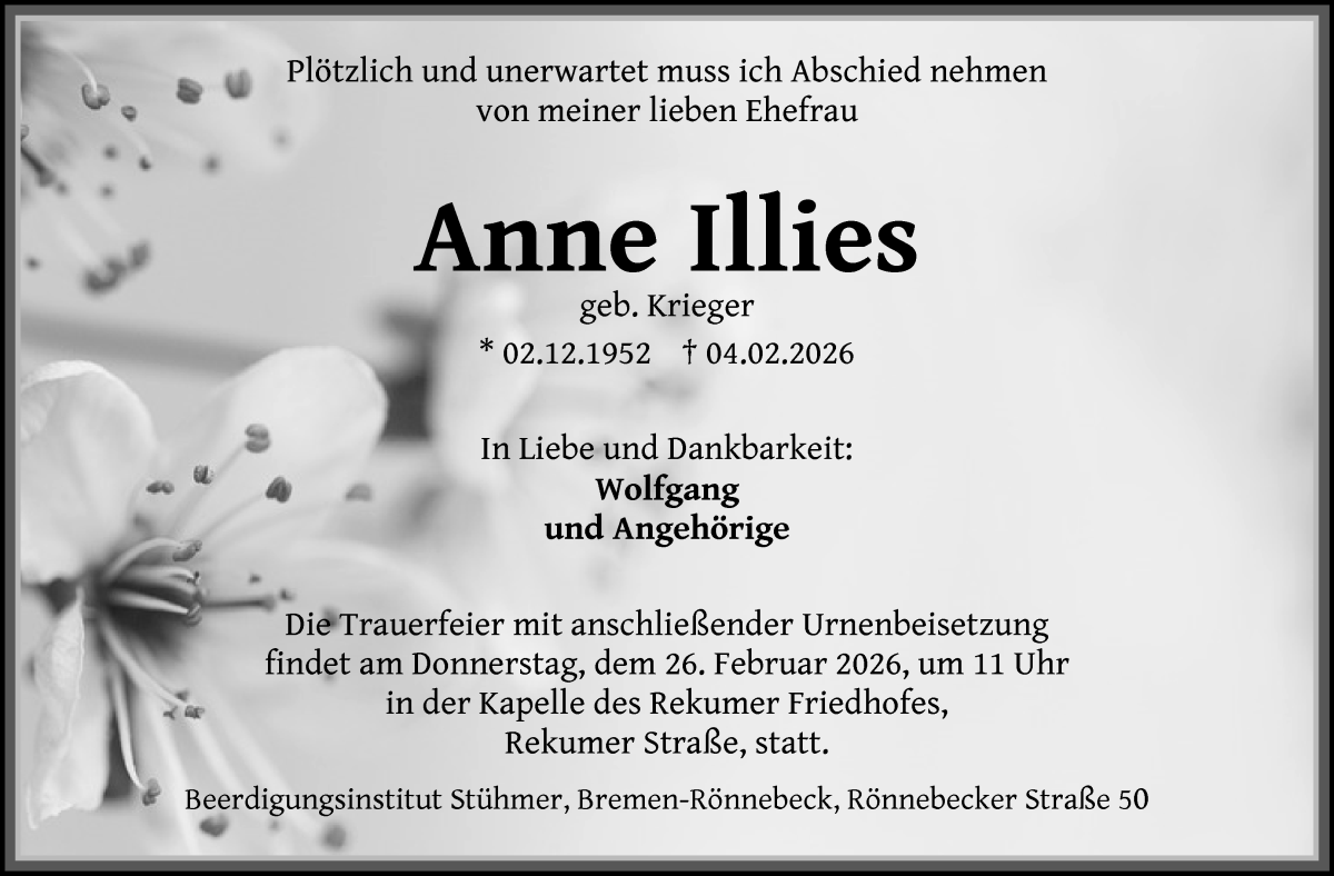 Traueranzeige von Anne Illies von Die Norddeutsche