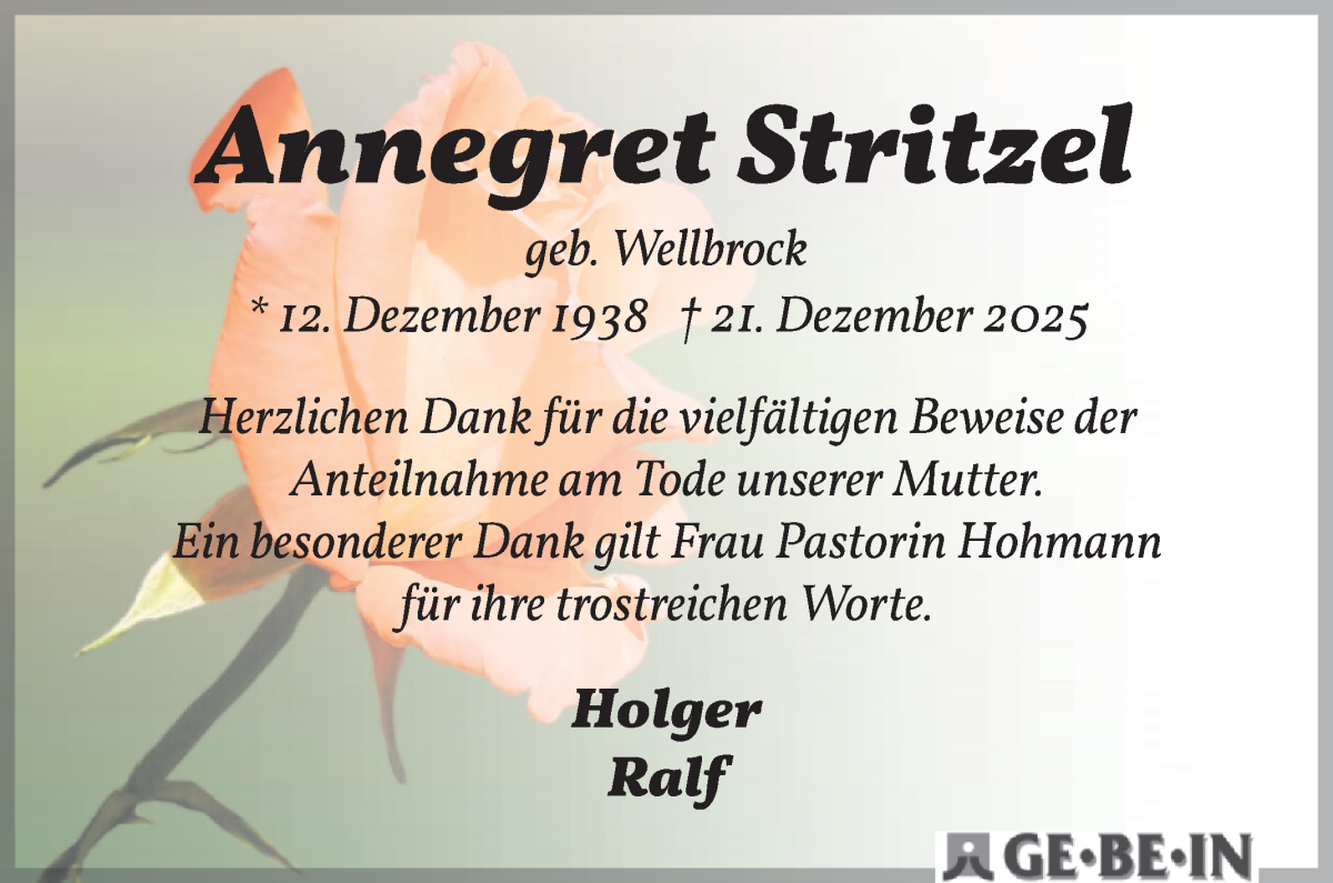 Traueranzeige von Annegret Stritzel von WESER-KURIER