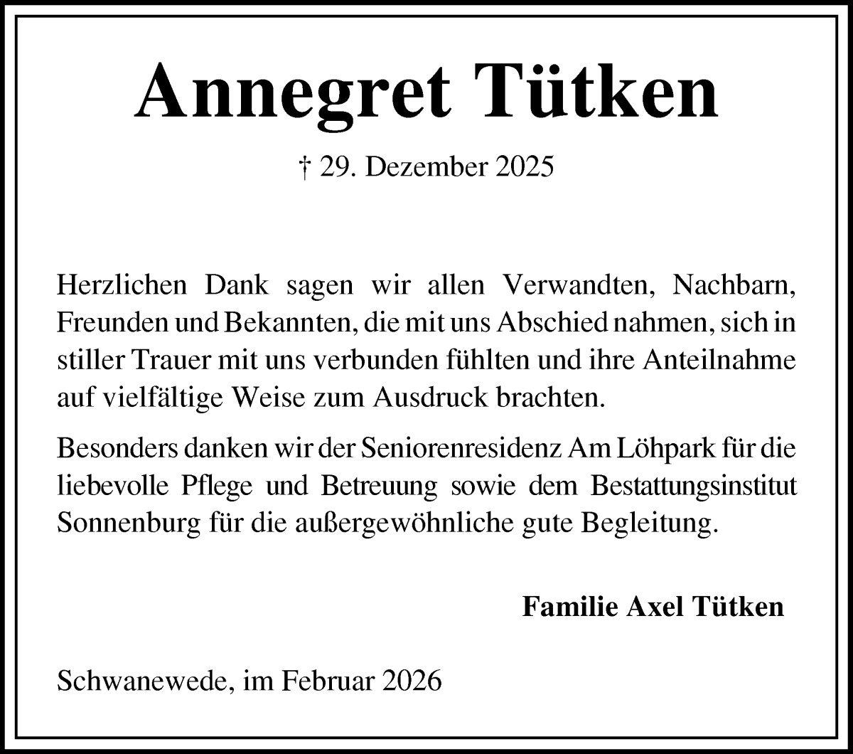 Traueranzeige von Annegret Tütken von Die Norddeutsche