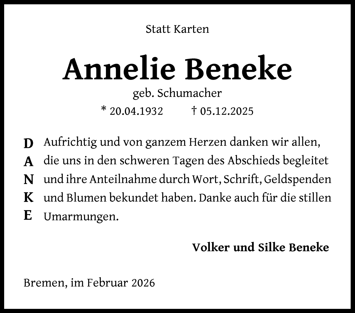 Traueranzeige von Annelie Beneke von WESER-KURIER
