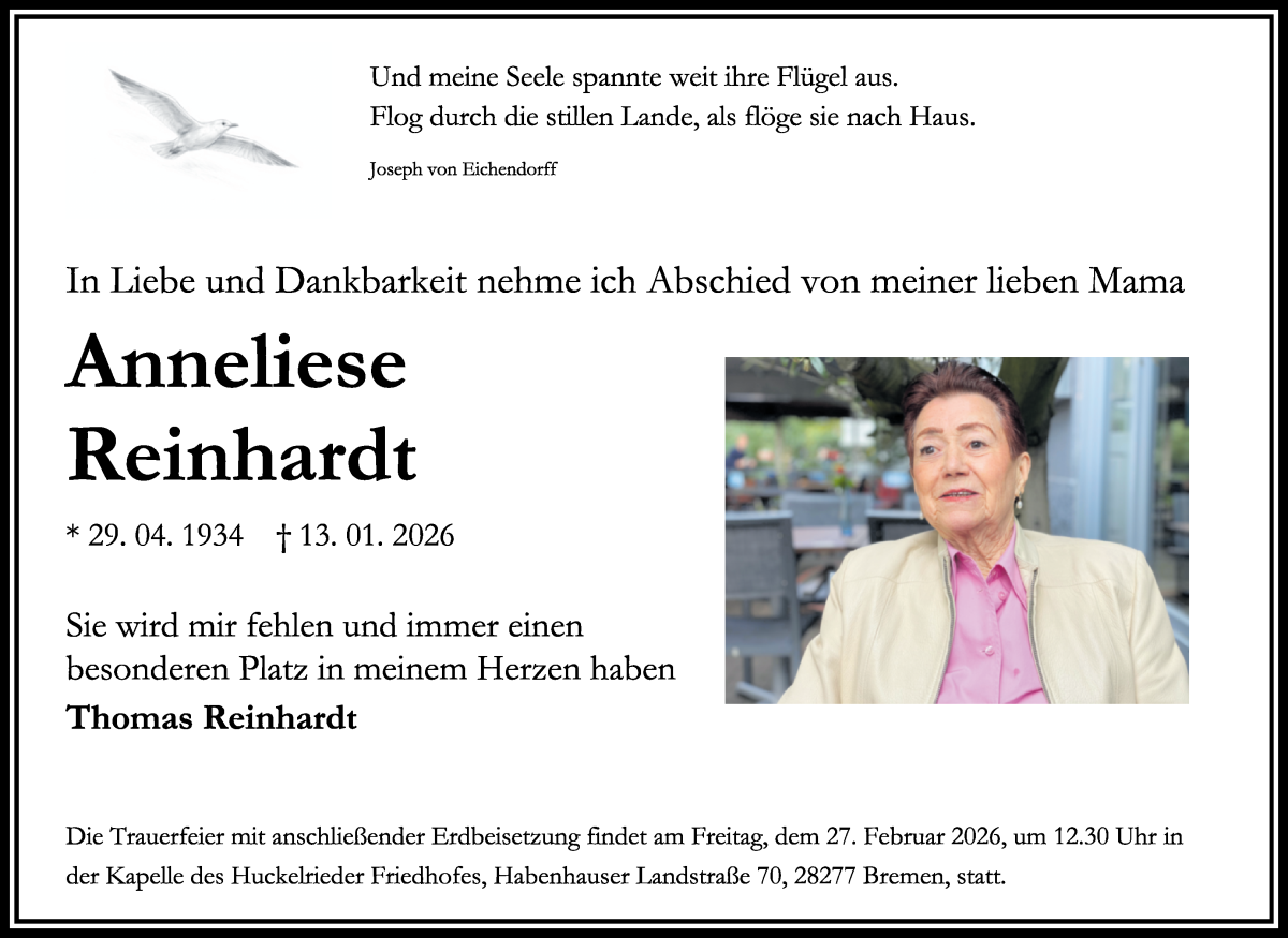 Traueranzeige von Anneliese Reinhardt von WESER-KURIER