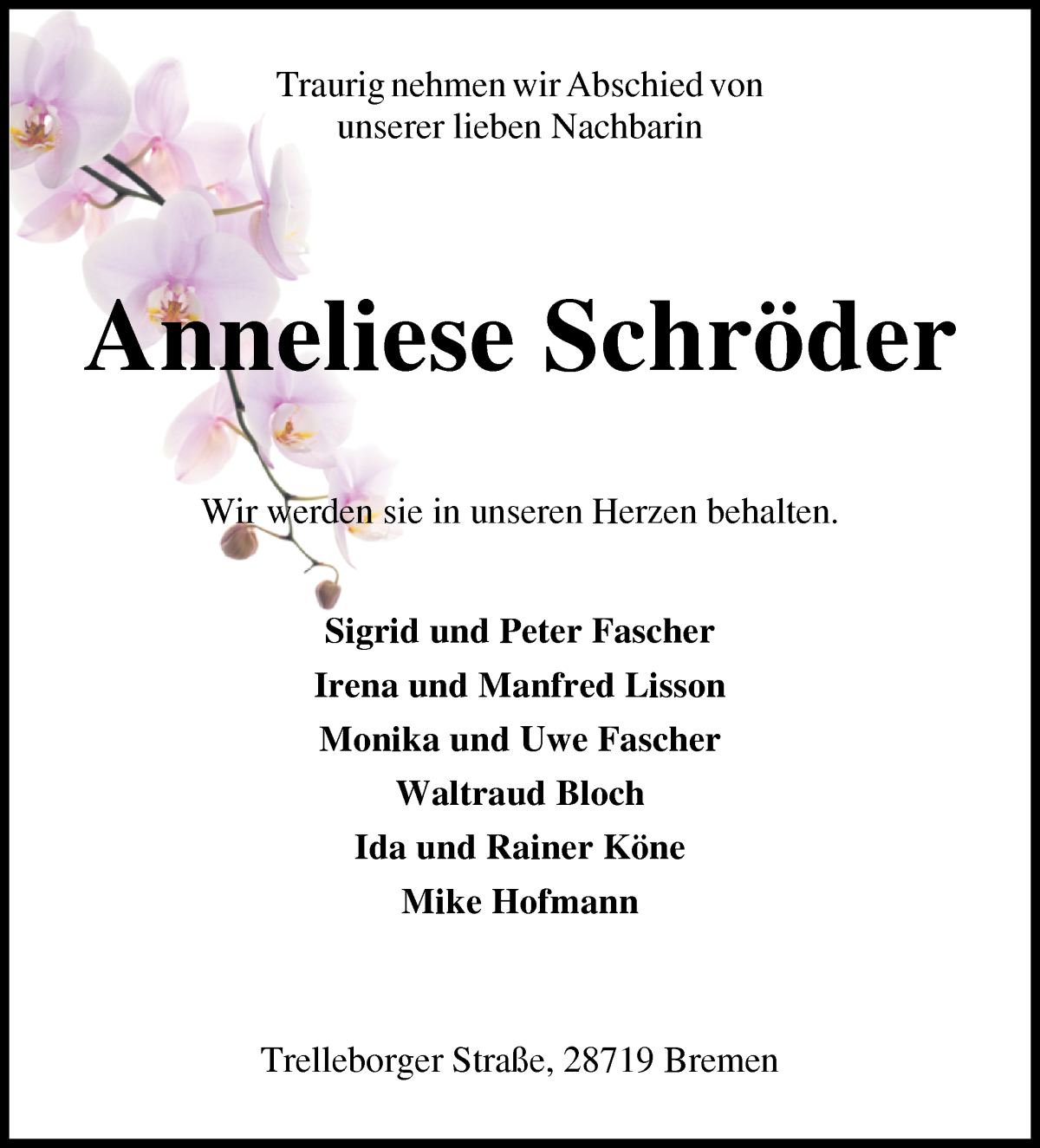 Traueranzeige von Anneliese Schröder von Die Norddeutsche