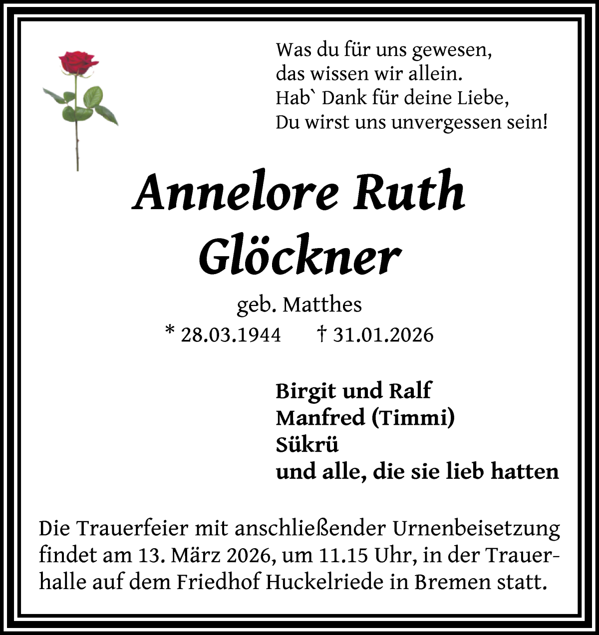 Traueranzeige von Annelore Ruth Glöckner von WESER-KURIER
