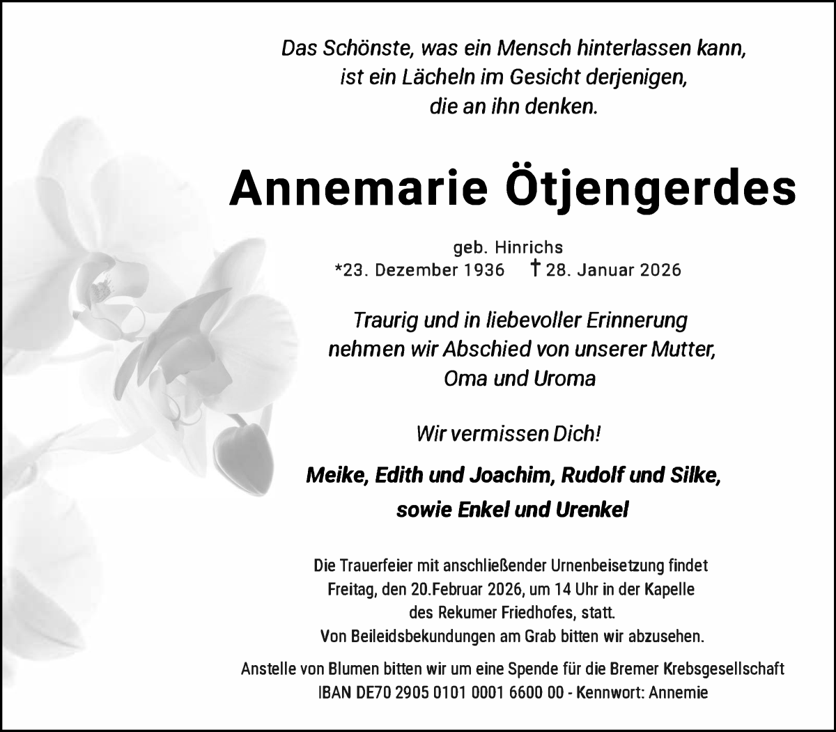 Traueranzeige von Annemarie Ötjengerdes von Die Norddeutsche