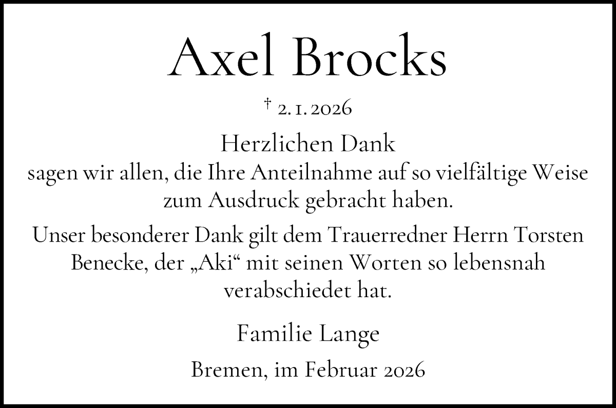 Traueranzeige von Axel Brocks von WESER-KURIER