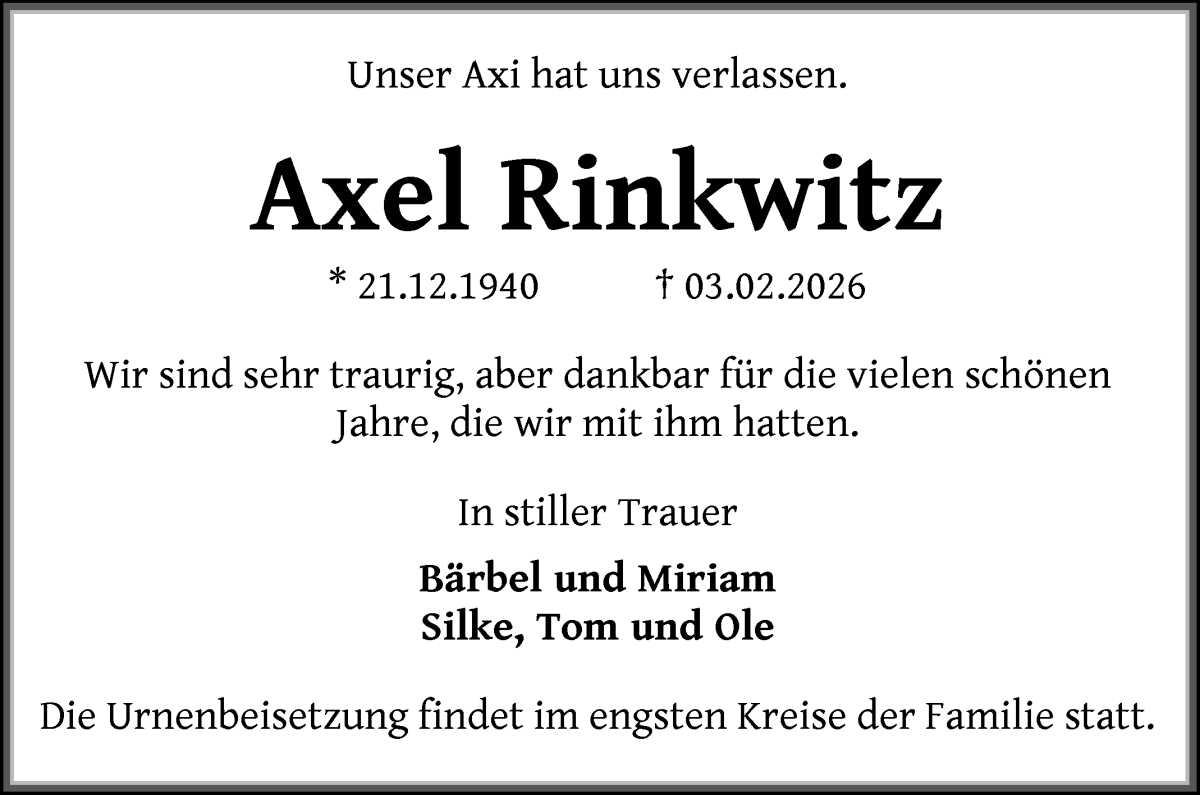 Traueranzeige von Axel Rinkwitz von WESER-KURIER