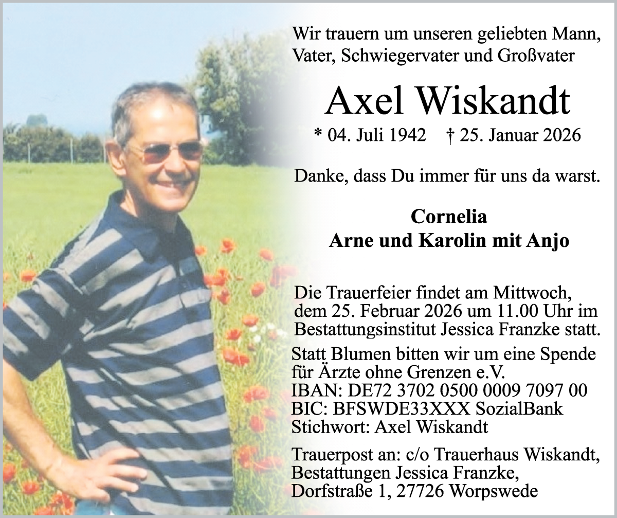 Traueranzeige von Axel Wiskandt von Wuemme Zeitung