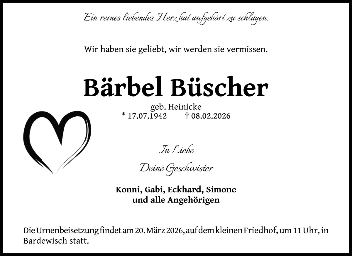 Traueranzeige von Bärbel Büscher von Die Norddeutsche