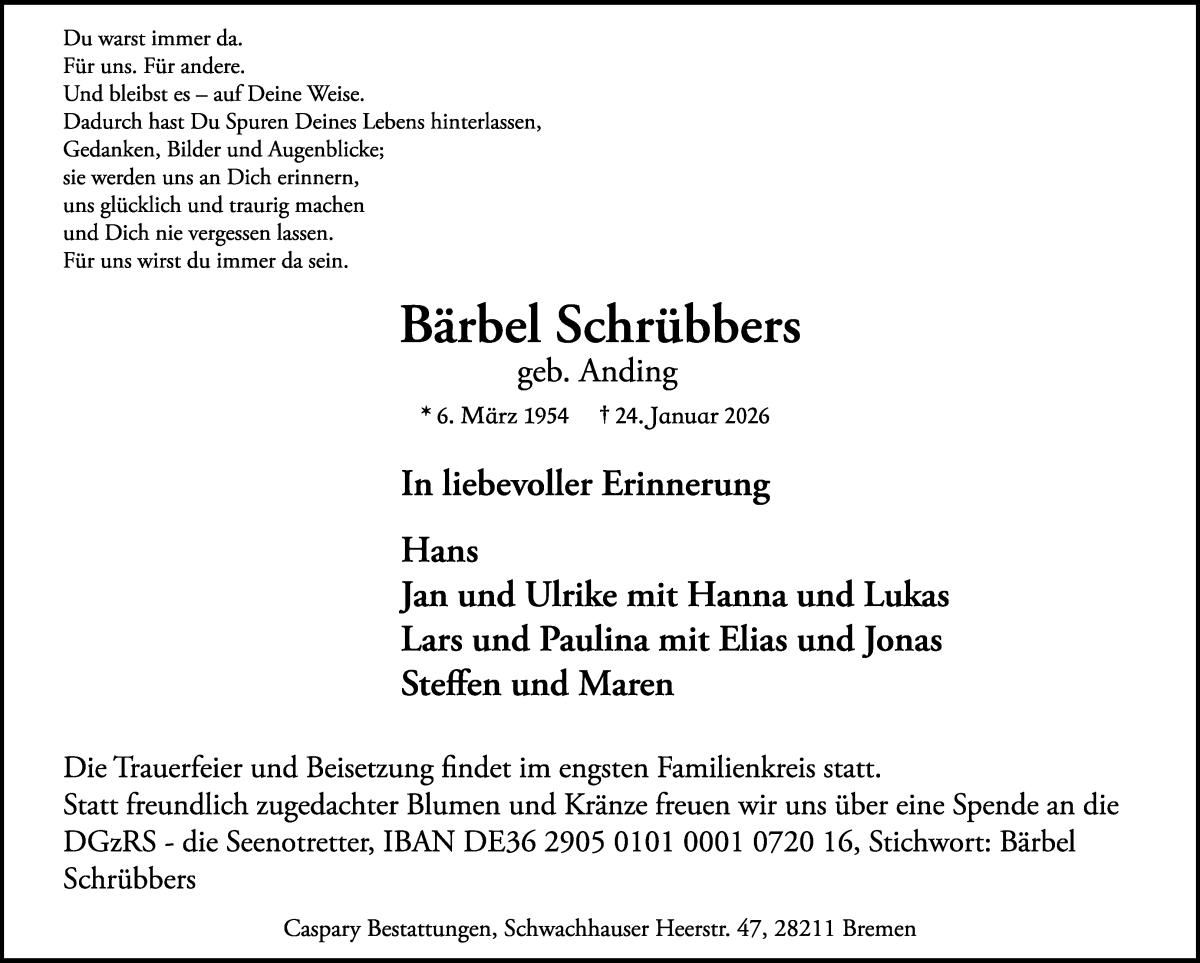 Traueranzeige von Bärbel Schrübbers von WESER-KURIER