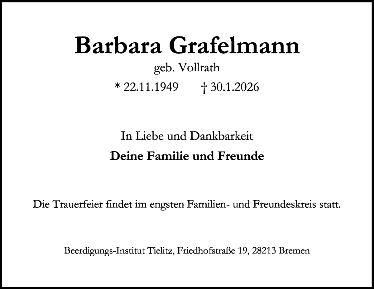  Traueranzeige für Barbara Grafelmann vom 21.02.2026 aus WESER-KURIER