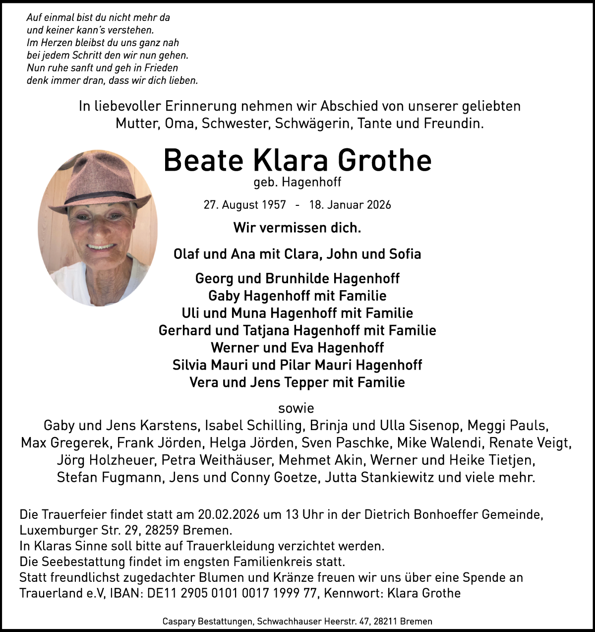 Traueranzeige von Beate Klara Grothe von WESER-KURIER