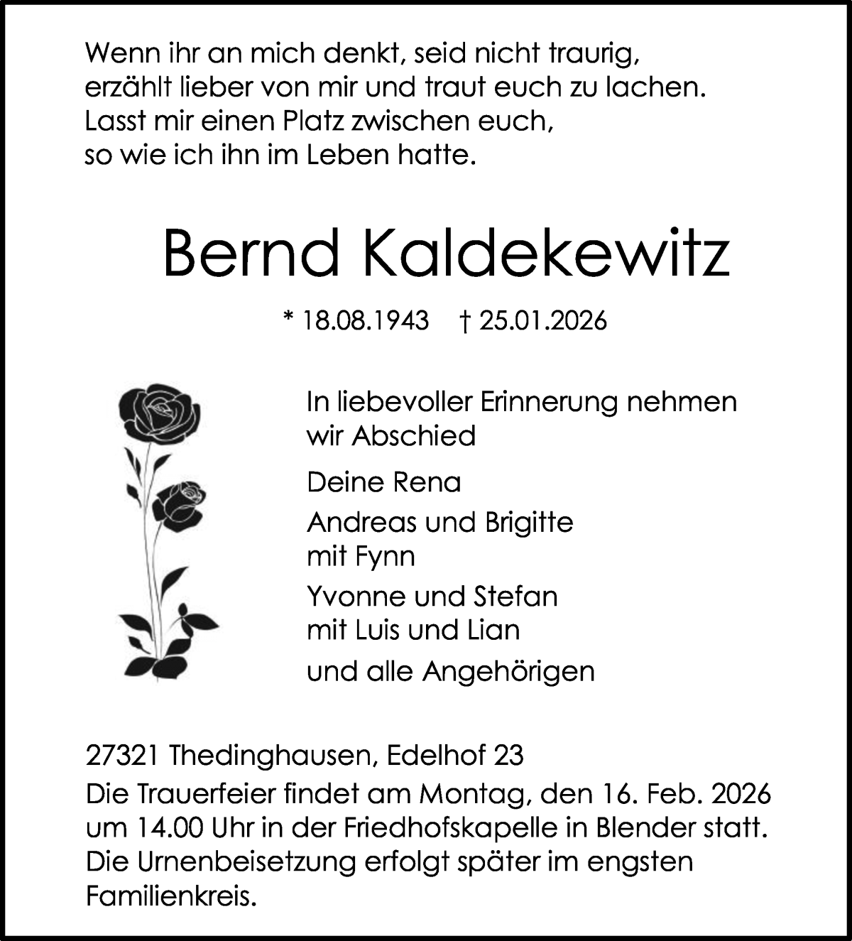 Traueranzeige von Bernd Kaldekewitz von WESER-KURIER