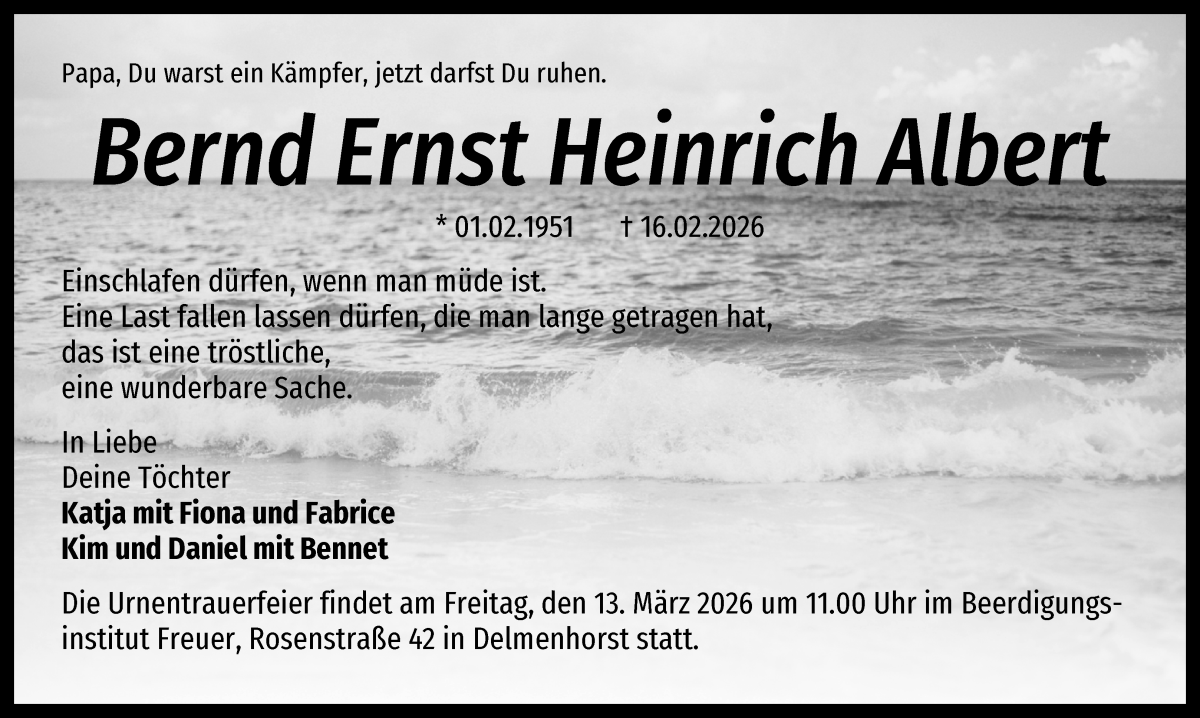 Traueranzeige von Bernd Ernst Heinrich Albert Albert von WESER-KURIER