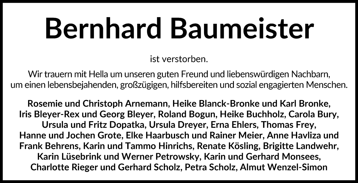 Traueranzeige von Bernhard Baumeister von WESER-KURIER