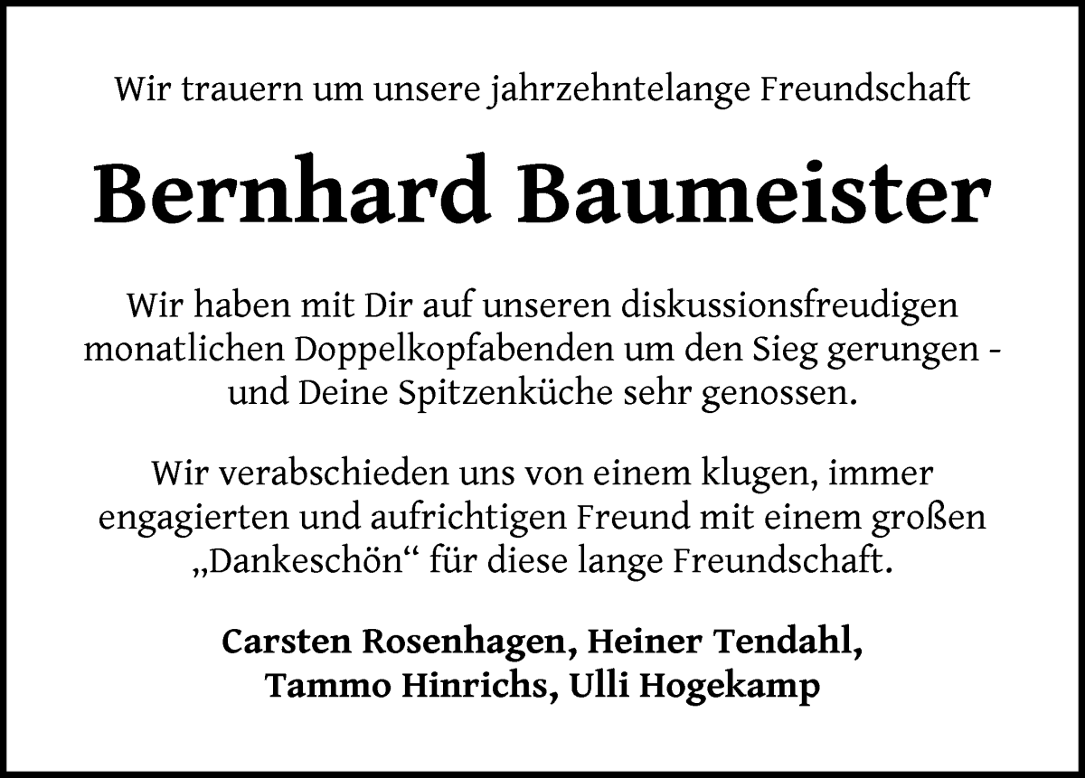 Traueranzeige von Bernhard Baumeister von WESER-KURIER