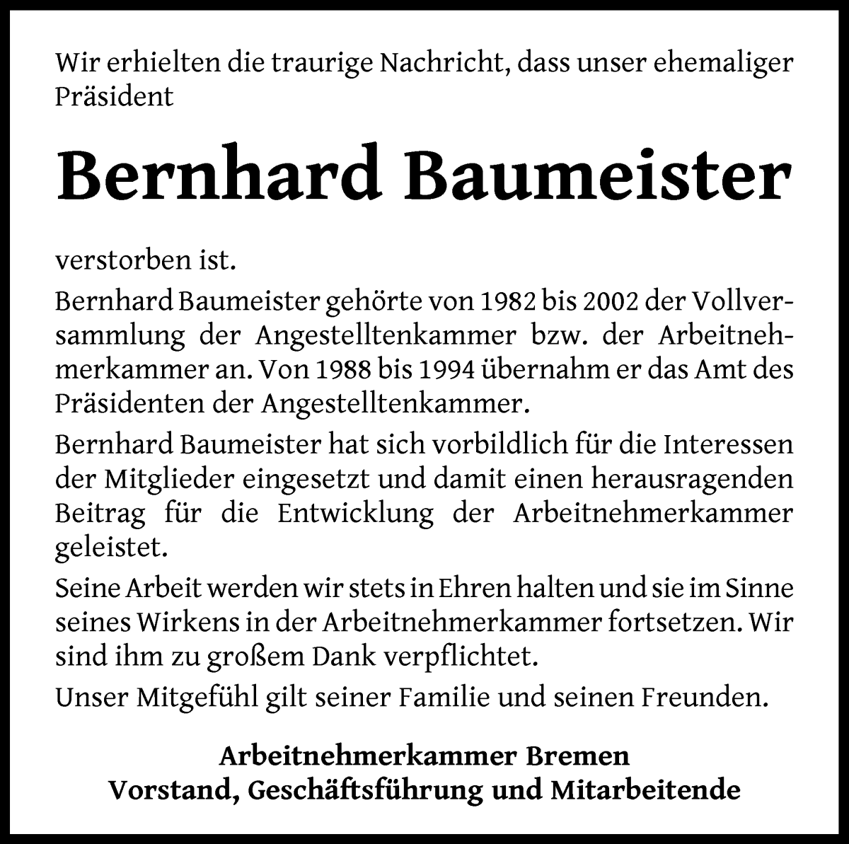 Traueranzeige von Bernhard Baumeister von WESER-KURIER