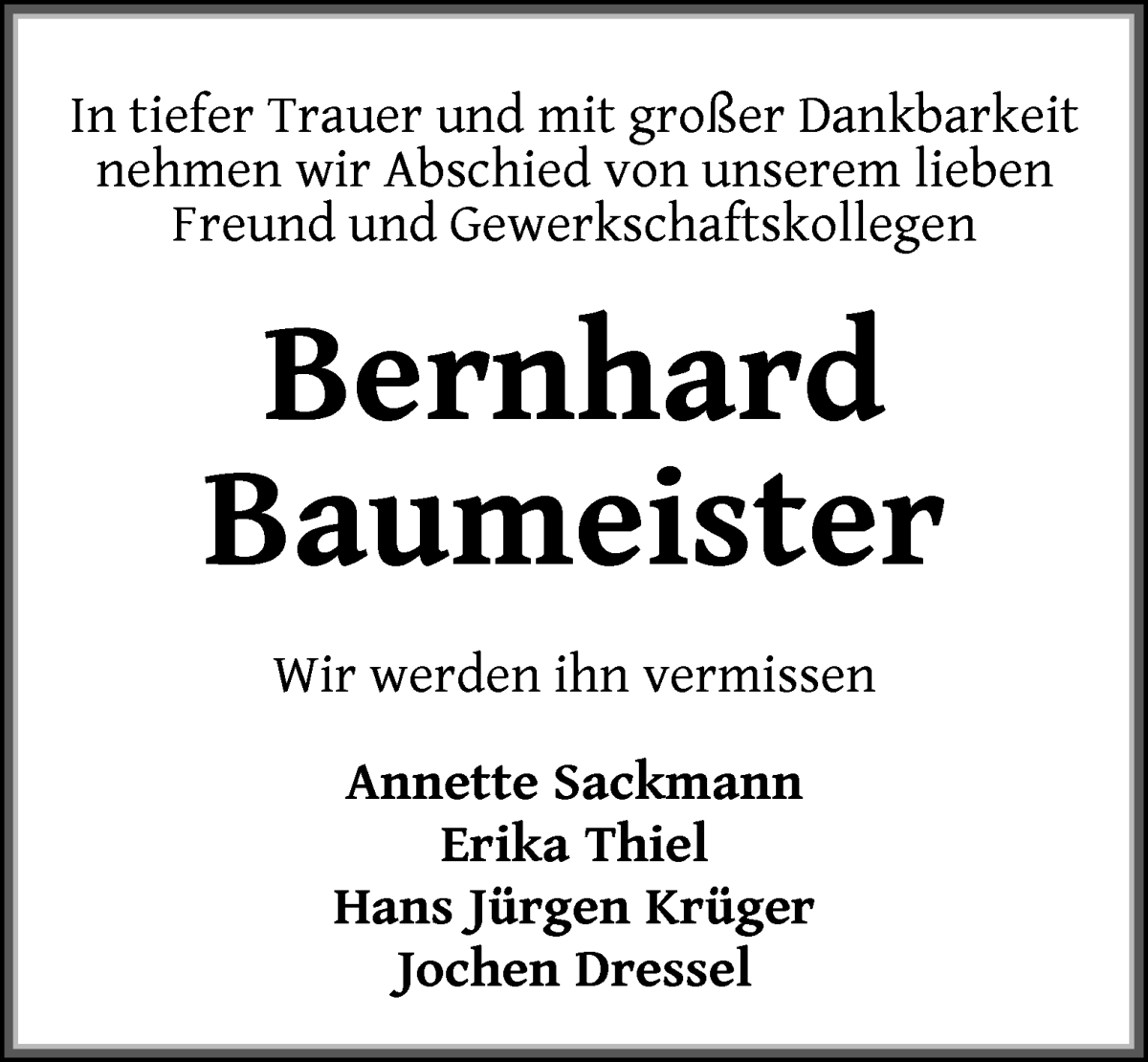 Traueranzeige von Bernhard Baumeister von WESER-KURIER