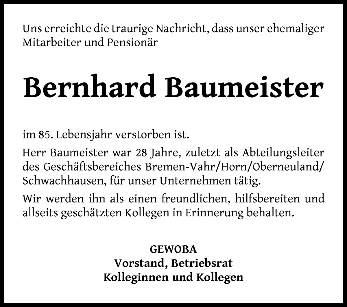 Traueranzeige von Bernhard Baumeister von WESER-KURIER