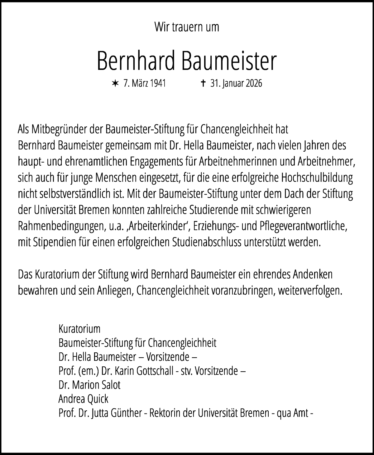 Traueranzeige von Bernhard Baumeister von WESER-KURIER