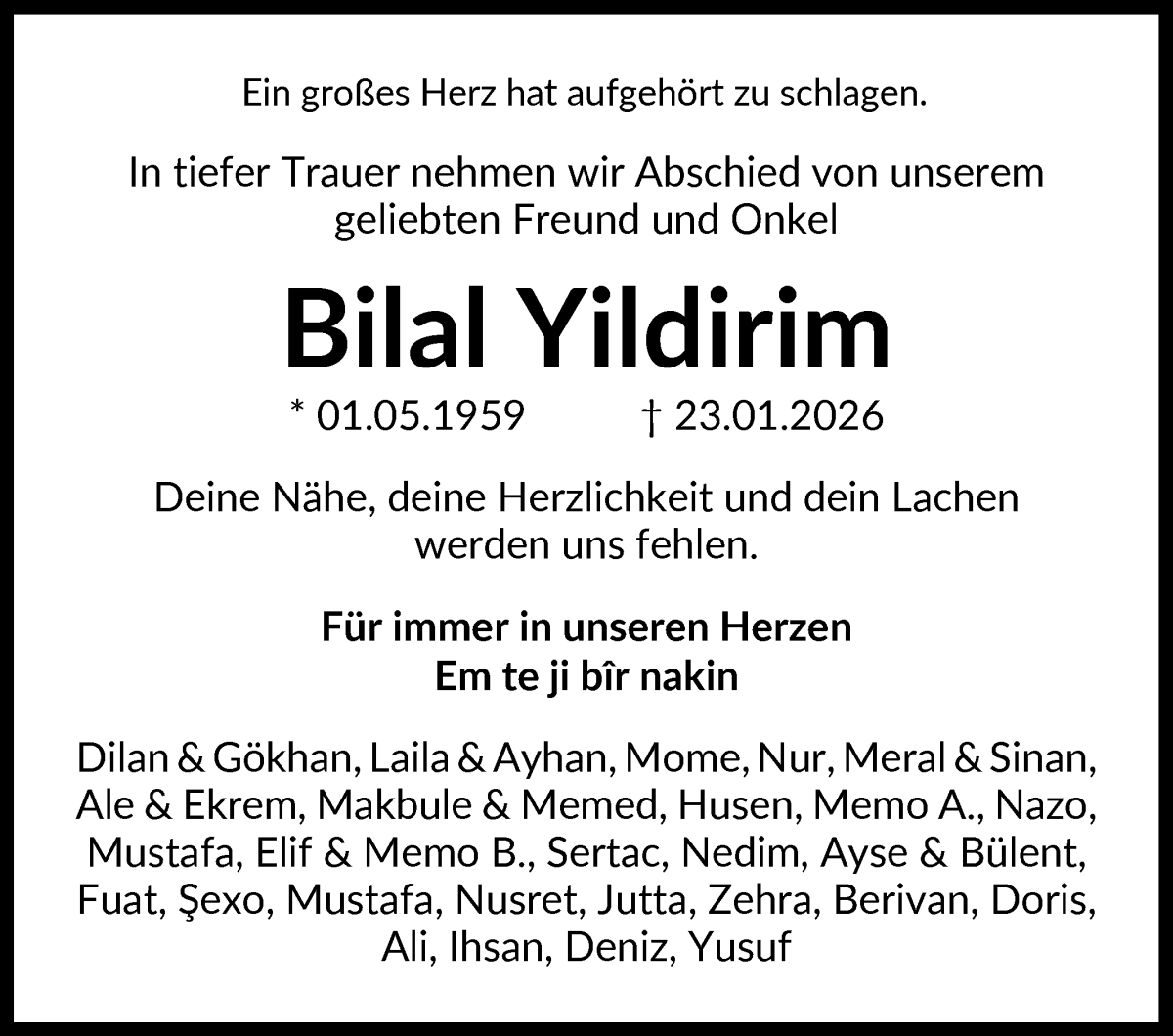 Traueranzeige von Bilal Yildirim von WESER-KURIER