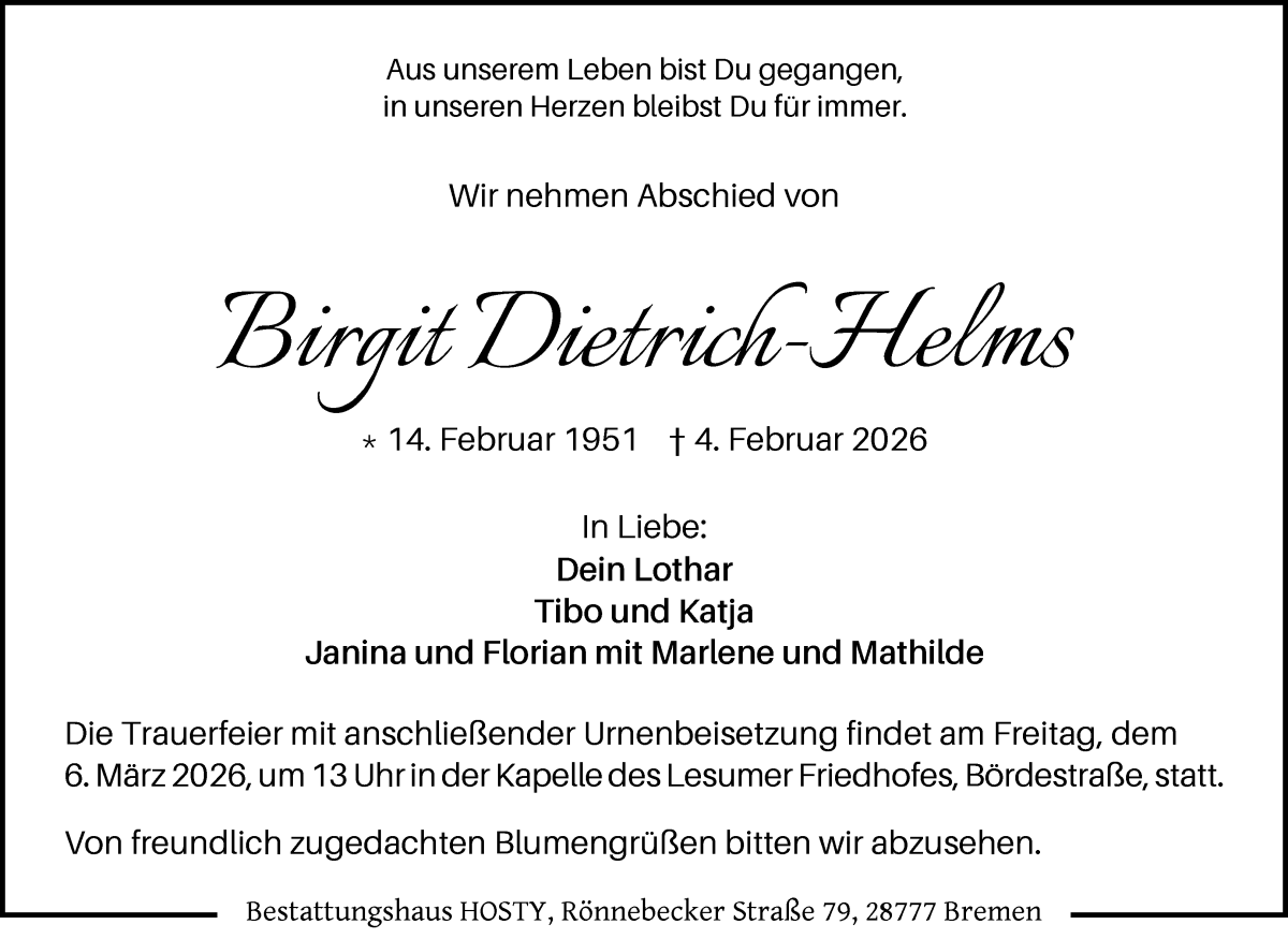 Traueranzeige von Birgit Dietrich-Helms von Die Norddeutsche