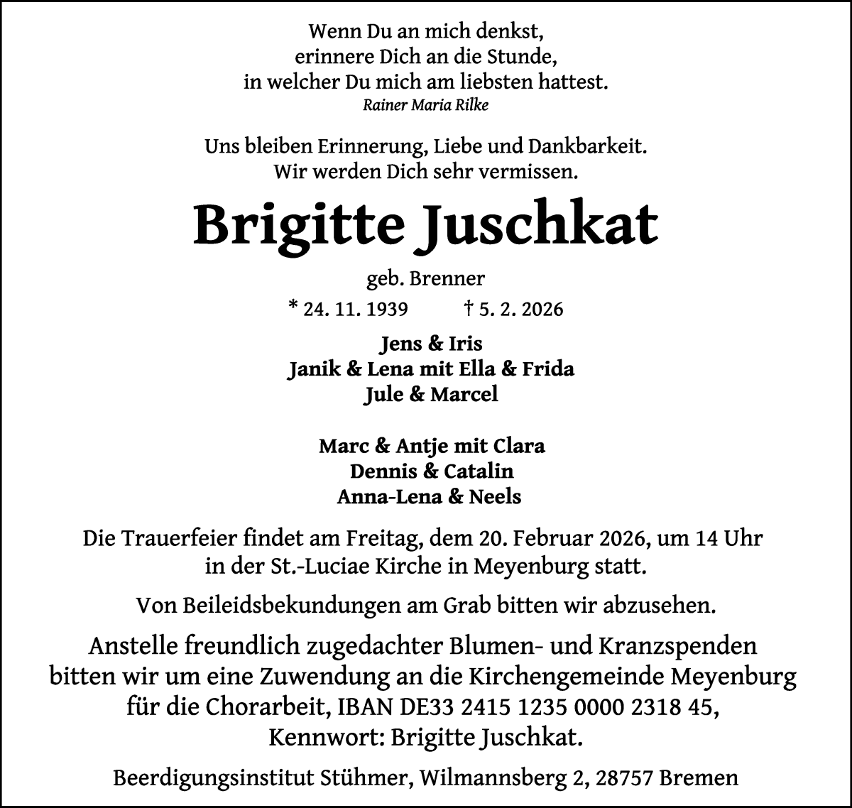 Traueranzeige von Brigitte Juschkat von Die Norddeutsche