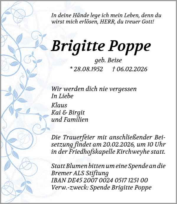 Traueranzeige von Brigitte Poppe von Regionale Rundschau/Syker Kurier